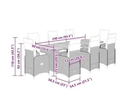 9-Daļīgs Bistro Mēbeļu Komplekts, Matrači, Melna Pe Rotangpalma Vidaxl