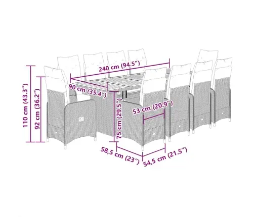 11Daļīgs Bistro Mēbeļu Komplekts, Matrači, Melna Pe Rotangpalma Vidaxl