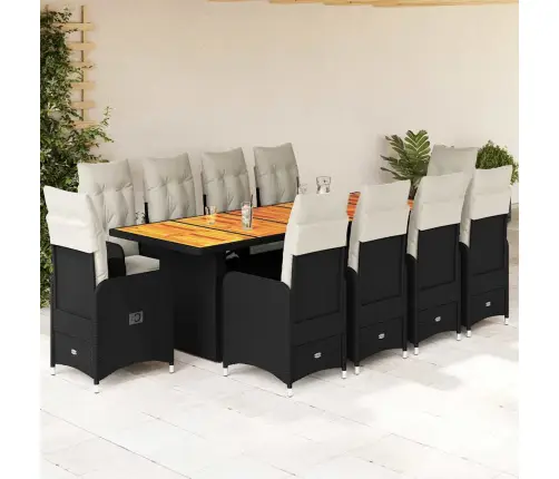 11Daļīgs Bistro Mēbeļu Komplekts, Matrači, Melna Pe Rotangpalma Vidaxl