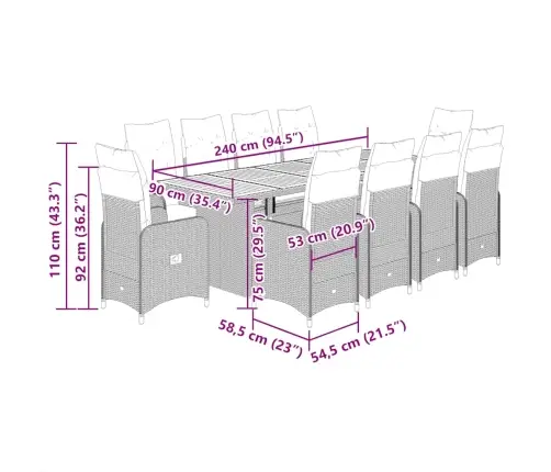 11Daļīgs Bistro Mēbeļu Komplekts, Matrači, Melna Pe Rotangpalma Vidaxl