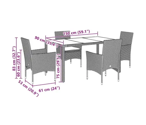 5-Osaline Aiamööbli Komplekt Patjadega, Must, Polürotang/Klaas