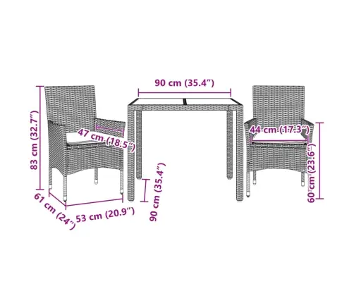 3-Osaline Aiamööbli Komplekt Patjadega, Must, Polürotang/Klaas
