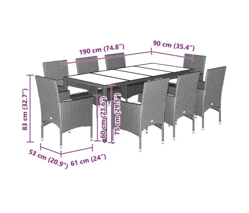 9-Osaline Aiamööbli Komplekt Patjadega, Must, Polürotang/Klaas