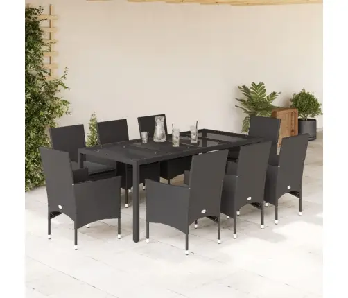 9-Osaline Aiamööbli Komplekt Patjadega, Must, Polürotang/Klaas