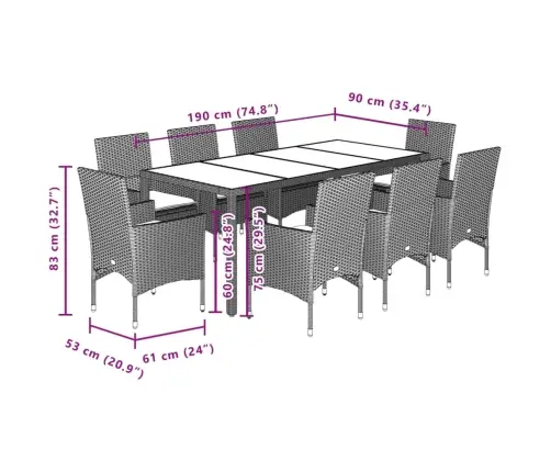 9-Daļīgs Dārza Mēbeļu Komplekts, Matrači, Pelēka Pe Rotangpalma Vidaxl