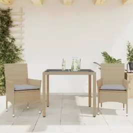 3-Osaline Aiamööbli Komplekt Patjadega, Beež, Polürotang/Klaas