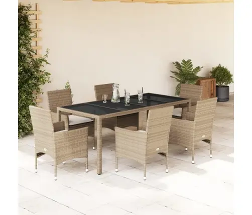 7-Osaline Aiamööbli Komplekt Patjadega, Beež, Polürotang/Klaas