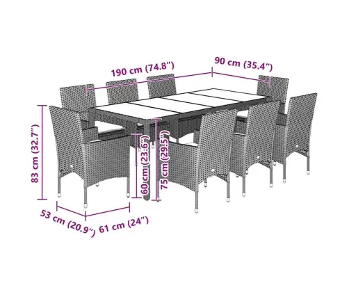 Sodo Komplektas, 9 Dalių, Šviesiai Pilkas, Poliratanas/Stiklas