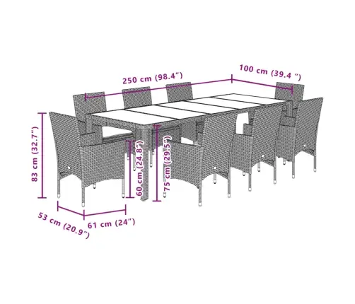 9-Osaline Aiamööbli Komplekt Patjadega, Beež, Polürotang/Klaas