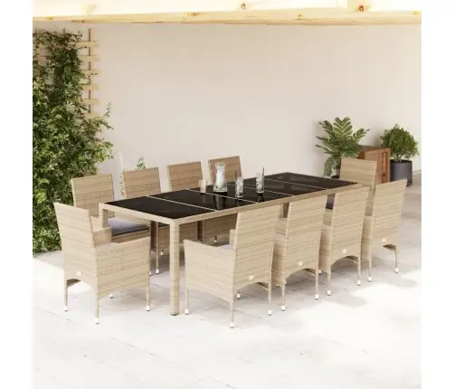 11-Osaline Aiamööbli Komplekt Patjadega, Beež, Polürotang/Klaas