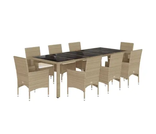 9-Osaline Aiamööbli Komplekt Patjadega, Beež, Polürotang/Klaas