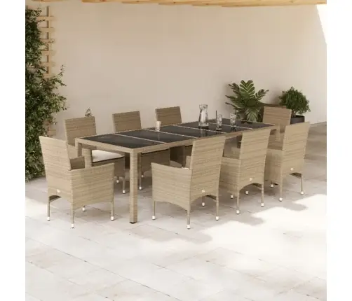 9-Osaline Aiamööbli Komplekt Patjadega, Beež, Polürotang/Klaas