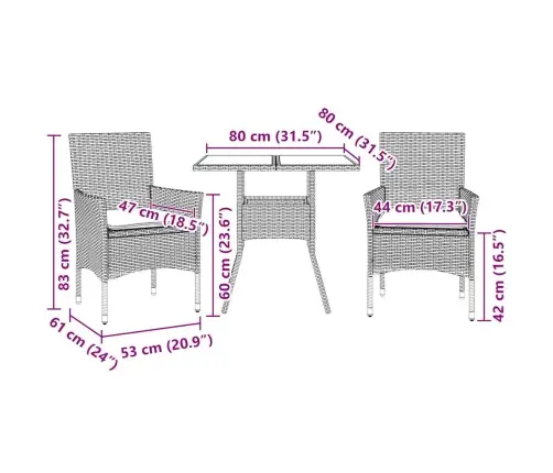 3-Osaline Aiamööbli Komplekt Patjadega, Must, Polürotang/Klaas