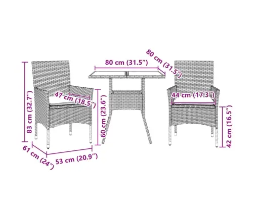 3-Osaline Aiamööbli Komplekt Patjadega, Beež, Polürotang/Klaas