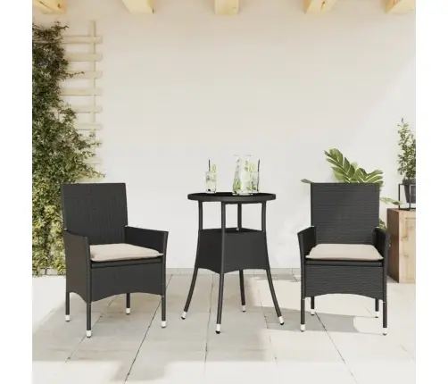 3-Osaline Aiamööbli Komplekt Patjadega, Must, Polürotang/Klaas