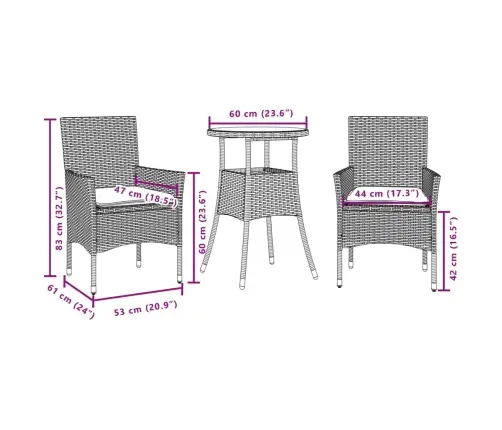 Sodo Komplektas, 3 Dalių, Pilkas, Poliratanas Ir Stiklas Sodo Komplektas, 3 Dalių, Pilkas, Poliratanas Ir Stiklas