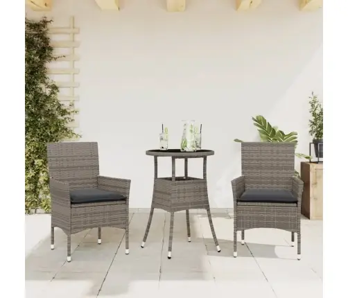 Sodo Komplektas, 3 Dalių, Pilkas, Poliratanas Ir Stiklas Sodo Komplektas, 3 Dalių, Pilkas, Poliratanas Ir Stiklas