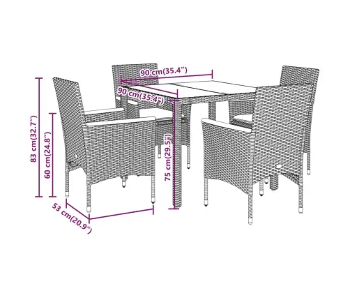 5-Osaline Aiamööbli Komplekt Patjadega, Must, Polürotang/Klaas