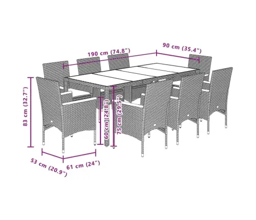 9-Daļīgs Dārza Mēbeļu Komplekts, Matrači, Melna Pe Rotangpalma Vidaxl