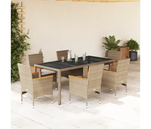 7-Osaline Aiamööbli Komplekt Patjadega, Beež, Polürotang/Klaas