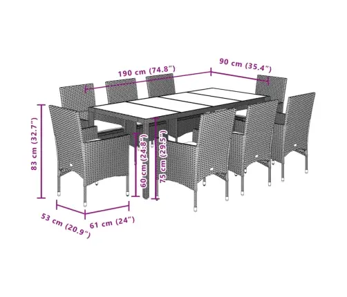 9-Osaline Aiamööblikomplekt Patjadega, Must, Pe-Rotang/Akaatsia