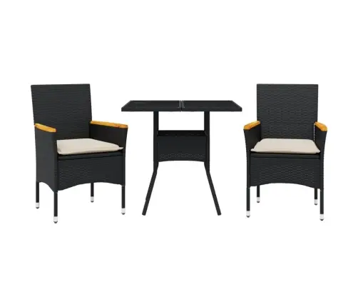 3-Osaline Aiamööbli Komplekt Patjadega, Must, Polürotang/Klaas