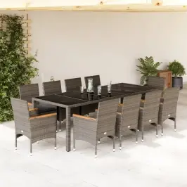 11-Osaline Aiamööbli Komplekt Patjadega, Hall, Polürotang/Klaas