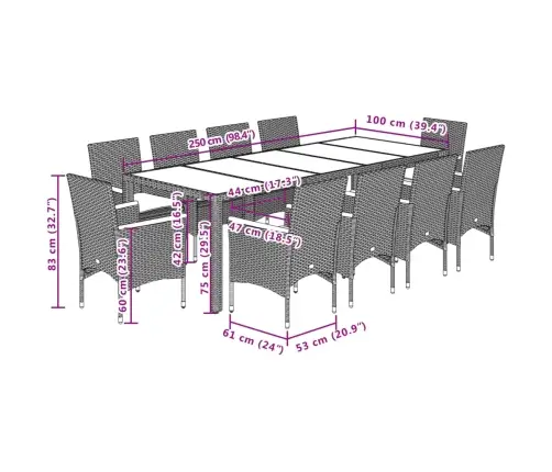 11-Daļīgs Dārza Mēbeļu Komplekts, Matrači, Bēša Pe Rotangpalma Vidaxl