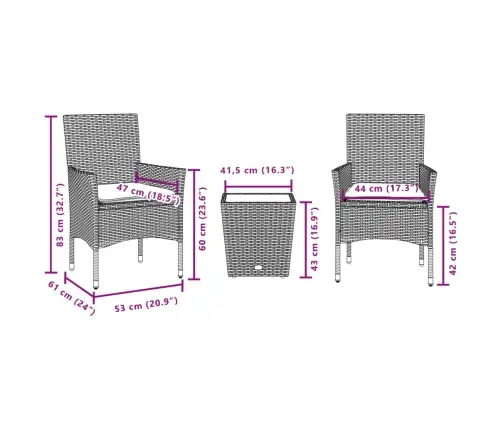 3-Daļīgs Bistro Mēbeļu Komplekts, Matrači, Melna Pe Rotangpalma Vidaxl