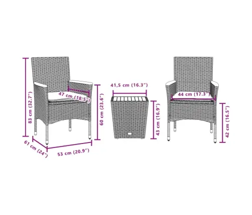 3-Daļīgs Bistro Mēbeļu Komplekts, Matrači,Pelēka Pe Rotangpalma Vidaxl
