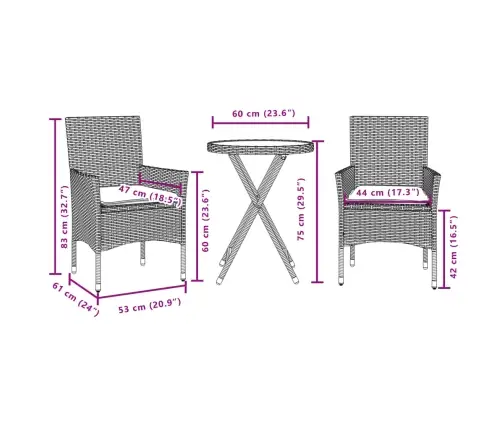 3-Osaline Bistrookomplekt Patjadega, Beež, Polürotang Ja Klaas