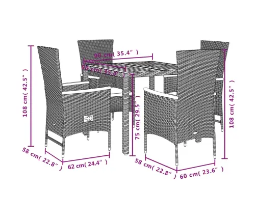 5-Daļīgs Dārza Mēbeļu Komplekts, Matrači, Melna Pe  Rotangpalma Vidaxl