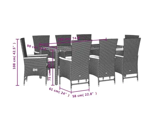 9-Daļīgs Dārza Mēbeļu Komplekts, Matrači, Melns, Pe Rotangpalma Vidaxl