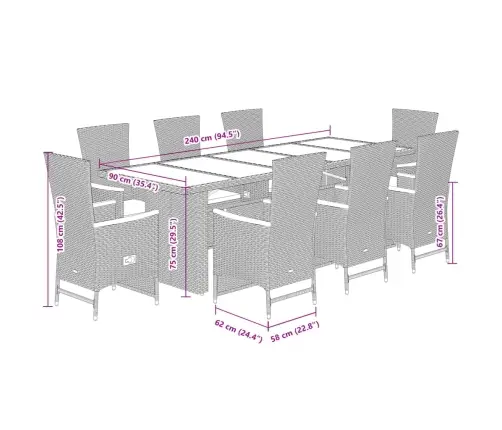 9-Daļīgs Dārza Mēbeļu Komplekts, Matrači, Melns, Pe Rotangpalma Vidaxl