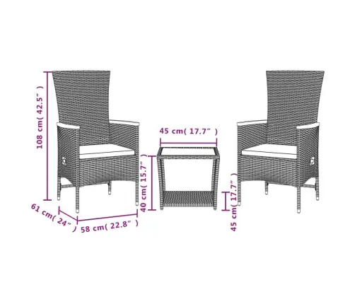 3-Daļīgs Dārza Mēbeļu Komplekts, Matrači, Pe Rotangpalma Vidaxl