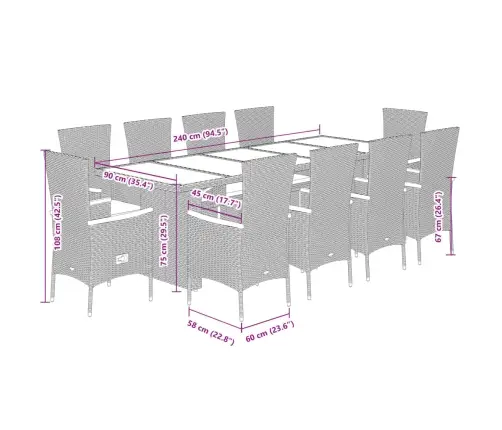 11-Osaline Aia Söögimööbli Komplekt Patjadega, Hall, Polürotang