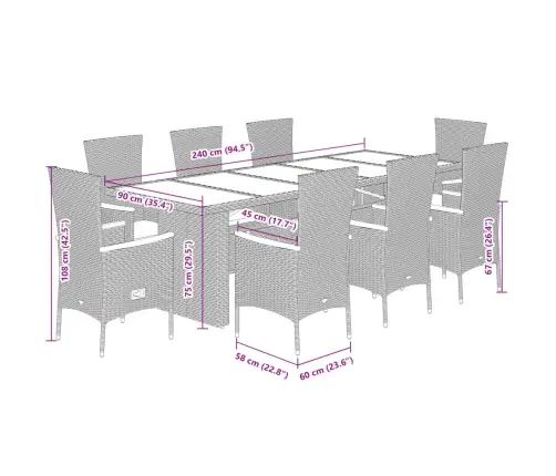 9-Osaline Aiamööbli Komplekt Patjadega, Hall, Polürotang