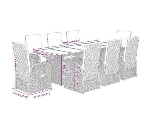 9-Osaline Aiamööbli Komplekt Patjadega, Hall, Polürotang