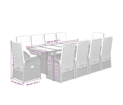 11-Daļīgs Dārza Mēbeļu Komplekts Ar Matračiem, Pe Rotangpalma Vidaxl