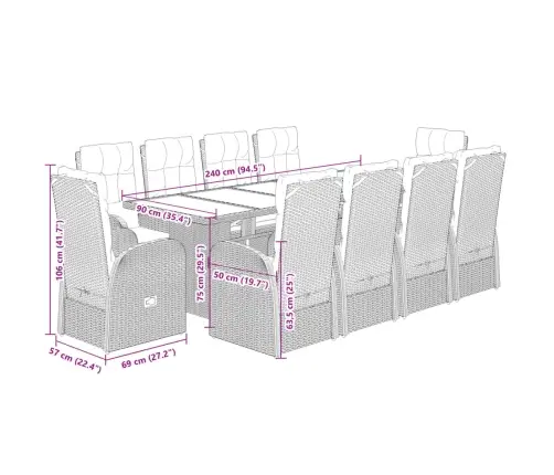 11-Daļīgs Dārza Mēbeļu Komplekts, Matrači, Melna Pe Rotangpalma Vidaxl