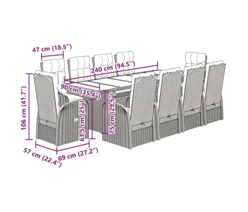 11-Daļīgs Dārza Mēbeļu Komplekts, Matrači, Melna Pe Rotangpalma Vidaxl