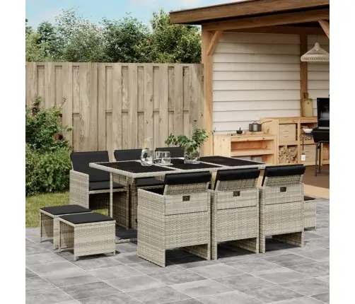 11-Daļīgs Dārza Mēbeļu Komplekts Ar Matračiem, Gaiši Pelēka Pe Vidaxl