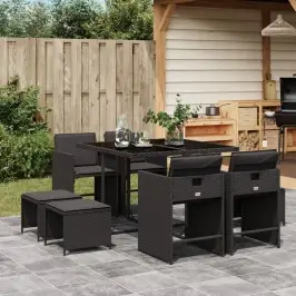 9-Daļīgs Dārza Mēbeļu Komplekts, Matrači, Melns, Pe Rotangpalma Vidaxl