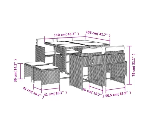 9-Osaline Aia Söögimööbli Komplekt Patjadega, Pruun, Polürotang