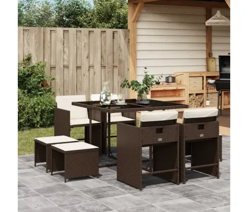 9-Osaline Aia Söögimööbli Komplekt Patjadega, Pruun, Polürotang