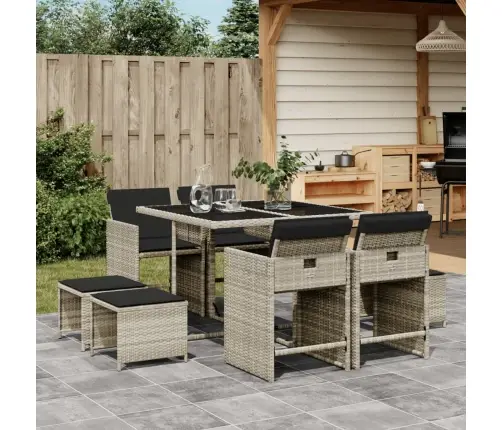 9-Osaline Aiamööbli Komplekt Patjadega, Helehall, Polürotang