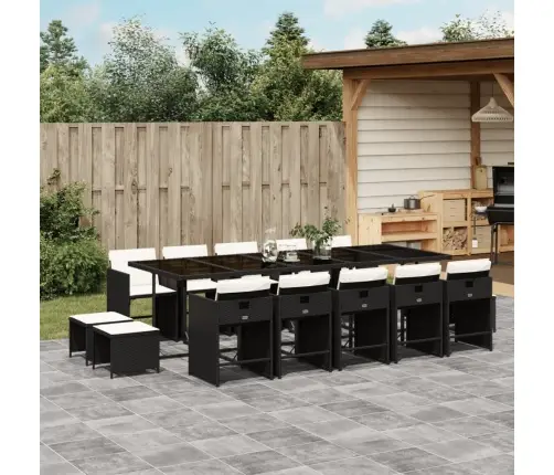 15-Osaline Aia Söögimööbli Komplekt Patjadega, Must, Polürotang