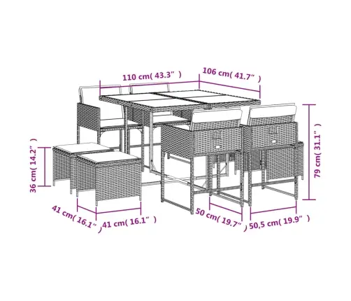 9-Osaline Aiamööbli Komplekt Patjadega, Helehall, Polürotang