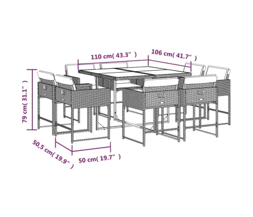 9-Daļīgs Dārza Mēbeļu Komplekts, Matrači, Melns, Pe Rotangpalma Vidaxl