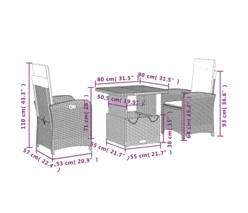 3-Daļīgs Dārza Mēbeļu Komplekts, Matrači, Bēša Pe Rotangpalma Vidaxl